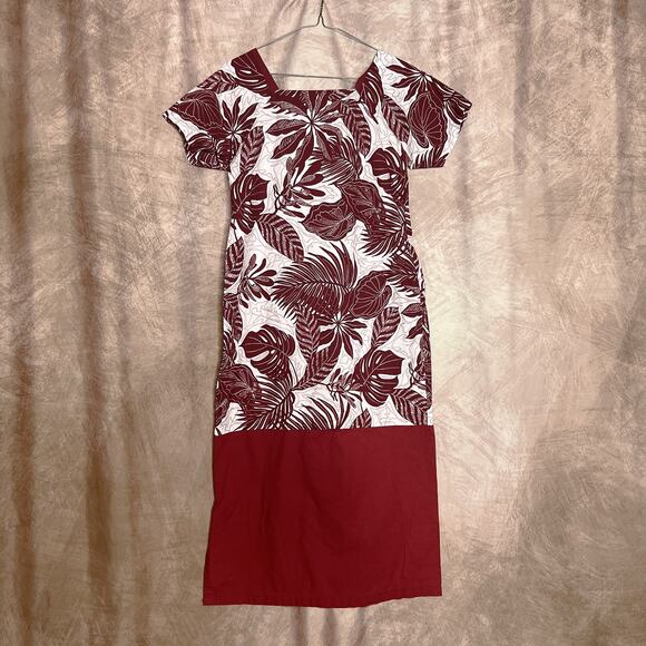 Hand Made Short Sleeve MuuMuu Dress Midi Floral Foliage Red White Short Sleeve - Picture 6 of 7
